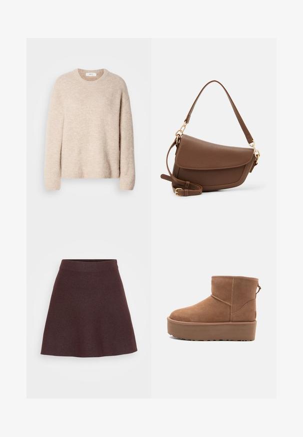 Bež pleteni pulover s okroglim izrezom, dolgimi rokavi in ribastim robom. Mehak, teksturiran material s sproščenim krojem.; Burgundska pletena krila s razširjenim oblikom, širokim pasom in gladko teksturo, ki ima enotno barvo brez vzorcev ali dodatkov.; Bela antilopova gležnjača s platformom, okruglim vrhom i dekorativnim šavovima; ima uvučenu petlju straga za lakše oblačenje.; Brah zlatna usnjena torba za rame z teksturirano površino, ukrivljeno obliko, zlatim okovjem, nastavljivim trakom in pokrovom.