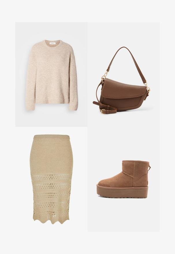 Béžový pletený svetr s kulatým výstřihem, dlouhými rukávy a žebrovaným lemem. Měkká, texturovaná tkanina s volným střihem.; Pletená béžová tužková sukně s háčkovaným vzorem. Obsahuje zvlněný lem a texturovanou látku, která poskytuje přiléhavý siluetu.; Hnědé semišové kotníkové boty s platformou, zaoblenou špičkou a prošíváním; mají poutko vzadu pro snadné obouvání.; Hnědá kožená taška přes rameno s texturovaným povrchem, zakřiveným tvarem, zlatými kovovými prvky, nastavitelným popruhem a klopovým zapínáním.