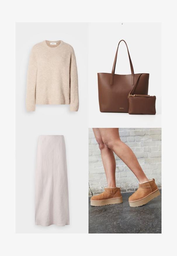 Beige knitted sweater with a crew neckline, long sleeves, and ribbed hem. Soft, textured fabric with a relaxed fit.; Pale pink linen maxi skirt with a clean, straight design. The fabric has a slightly textured surface and an elastic waistband.; Brown suede ankle boots with a plush lining, thick beige platform sole, and a rear pull tab. Textured surface with visible stitching details.; Brown faux leather tote bag with two long handles and a matching small pouch. The surface features a textured pattern and gold hardware accents.