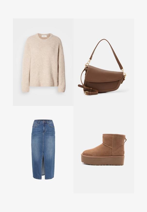 Šviesiai rudos megztinis su apvalia iškirpte, ilgomis rankovėmis ir džinsiniu apvadu. Minkšta, tekstūruota medžiaga su laisvu siluetu.; Denim sijonas su priekiu įpjova, vidutinio ilgio, šviesiai iki vidutiniškai mėlynos spalvos. Yra penki kišeniai ir juosmuo su diržo kilpomis.; Smėlio spalvos zomšiniai kulkšninių batai su platformos padu, apvaliu nosiu ir siuvinėjimo akcentais; turi kilpos užpakalinėje dalyje, kad būtų lengviau užsidėti.; Ruda odinė petinė kuprinė su tekstūrine apdaila, išlenkta forma, auksinės spalvos aksesuarai, reguliuojama juosta ir dangtis.