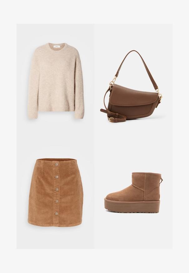 Beige knitted sweater with a crew neckline, long sleeves, and ribbed hem. Soft, textured fabric with a relaxed fit.; Corduroy mini skirt in light brown featuring a button front, seven silver-tone buttons, and a textured, ribbed fabric.; Tan suede ankle boot with a platform sole, rounded toe, and stitching accents; features a pull tab at the back for easy wear.; Brown leather shoulder bag with a textured finish, curved shape, gold-tone hardware, adjustable strap, and flap closure.