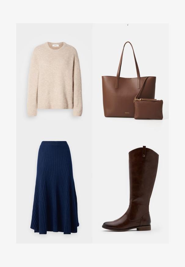 Šviesiai rudos megztinis su apvalia iškirpte, ilgomis rankovėmis ir džinsiniu apvadu. Minkšta, tekstūruota medžiaga su laisvu siluetu.; pure cashmere FLARED SKIRT - Trapecinis sijonas - navy; Rudi iki iki iki tamsiai rudos odos, su apvaliu kojų pirštu, žemu storžieviu kulnu ir subtilia siūlų rašto linija šonuose.; Ruda dirbtinė odinė rankinė su dviem ilgamis rankenomis ir atitinkamu mažu krepšiu. Paviršius turi tekstūruotą raštą ir auksinius apdailos elementus.