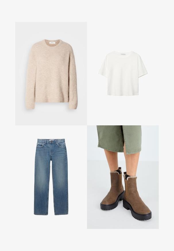 Beżowy sweter dzianinowy z okrągłym dekoltem, długimi rękawami i ściągaczem u dołu. Miękka, teksturowana tkanina o luźnym kroju.; Biała koszulka z krótkim rękawem, wykonana z bawełny. Posiada okrągły dekolt i luźny krój. Gładka faktura bez widocznych wzorów czy akcentów.; Jasnoniebieskie dżinsy z prostym krojem, pięcioma kieszeniami i miedzianymi detalami. Materiał ma delikatne przetarcia i gładką fakturę.; Brązowe skórzane botki za kostkę z gumową podeszwą, pluszowym wykończeniem i elastycznymi wstawkami po bokach. Posiadają niski, blokowy obcas i gładką teksturę.