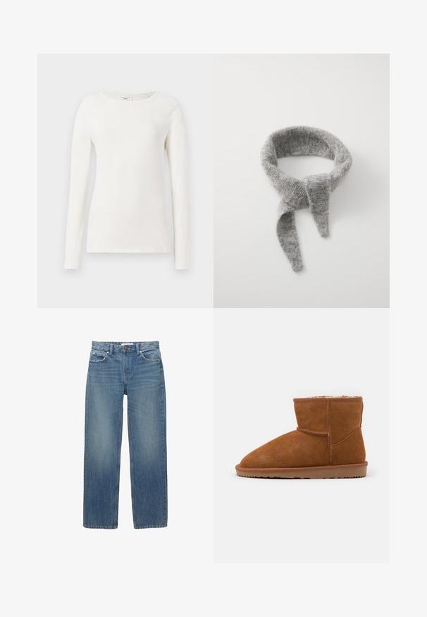 Beige kötött pulóver kerek nyakkivágással, hosszú ujjakkal és bordázott szegéllyel. Puha, textúrált anyagból készült, laza fazon.; Hosszú ujjú, fehér pamut ing kerek nyakkivágással, sima textúrával és testre simuló fazonnal. Nincsenek látható minták vagy díszítések.; Világoskék farmernadrág egyenes szabással, öt zsebbel és réz színű fémrészekkel. Az anyag enyhén kopott hatású és sima tapintású.; Barna velúr bokacsizma lekerekített orral és puha béléssel, lapos gumitalppal és minimális varrási részletekkel.; Samsøe Samsøe NOR - Sál - grey melange