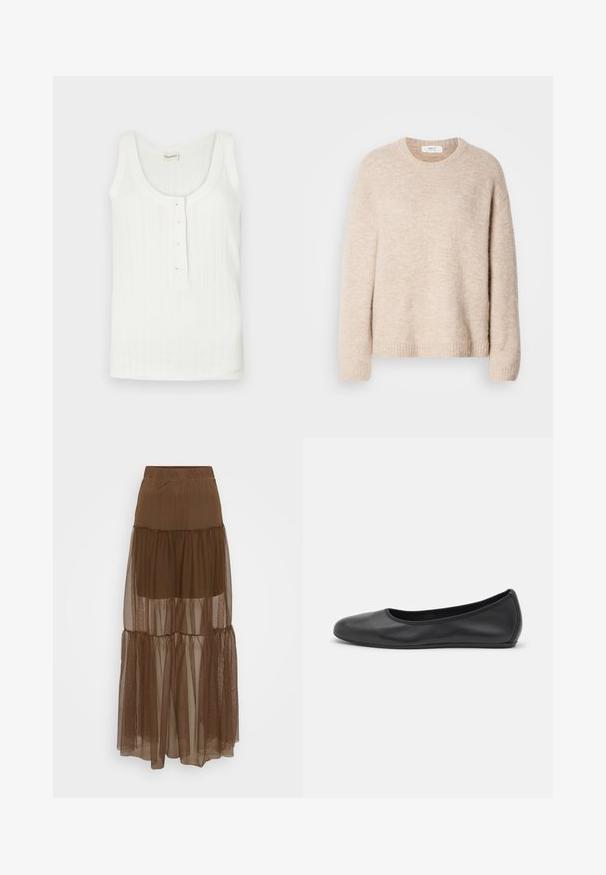 Beige gebreide trui met een ronde halslijn, lange mouwen en geribde zoom. Zacht, textuurstof met een relaxed fit.; Witte tanktop van ribstof met een ronde hals en vijf knopen aan de voorkant. Geen patronen of accenten.; Bruine gelaagde rok met een gestructureerde mesh-overlay en elastische tailleband. Bevat drie lagen doorschijnende stof, wat zorgt voor een vloeiende silhouet.; Zwarte leren ballerina met een ronde neus, gladde textuur, minimale stikdetails en een flexibele zoolontwerp.