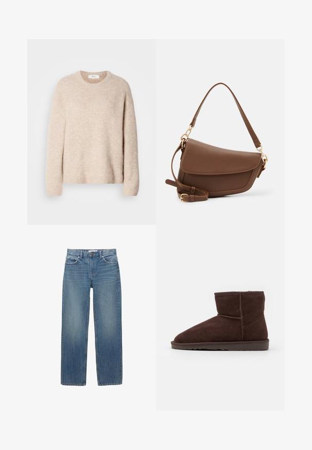 Pulover tricotat bej cu guler rotund, mâneci lungi și tiv elastic. Material moale, texturat, cu o croială lejeră.; Jeans din denim albastru deschis cu croială dreaptă, cinci buzunare și accesorii de nuanță cupru. Materialul are o ușoară decolorare și o textură netedă.; Bocanci scurți din suede maro, cu vârf rotund și furnitură interioară moale, având o talpă plată din cauciuc și accente de cusături în ton.; Geantă de umăr din piele maro, cu un finisaj texturat, formă curbă, accesorii aurii, curea reglabilă și închidere cu clapetă.