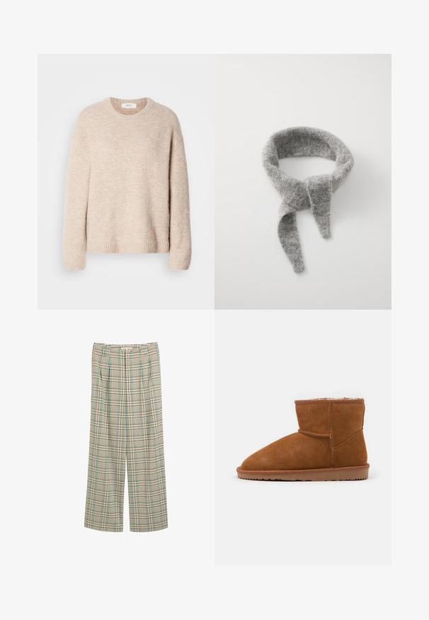 Bēša adīta džemperis ar apaļu kakla izgriezumu, garām piedurknēm un ribotām malām. Mīksta, struktūrēta auduma, atbrīvota piegriezuma.; Platas kājas bikses bēšā skotu rakstā ar zaļiem un tumši ziliem akcentiem, ar priekšējām krokām un teksturētu apdari.; Brūni zamšāda potīšu zābaki ar noapaļotu purngalu un mīkstu oderi, ar platu gumijas zoli un minimālām vīlēm.; Samsøe Samsøe NOR - Šalle - grey melange