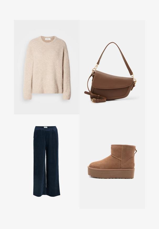Pull en maille beige avec col rond, manches longues et ourlet côtelé. Tissu doux et texturé avec une coupe décontractée.; Pantalons large en velours côtelé texturé de couleur bleu marine, avec une taille élastique et des poches latérales.; Bottine en suède tan avec une semelle plate-forme, un bout arrondi et des accents de couture ; elle est dotée d'une languette à l'arrière pour un enfilage facile.; Sac à épaule en cuir marron avec une finition texturée, forme courbée, quincaillerie dorée, bandoulière réglable et fermeture à rabat.