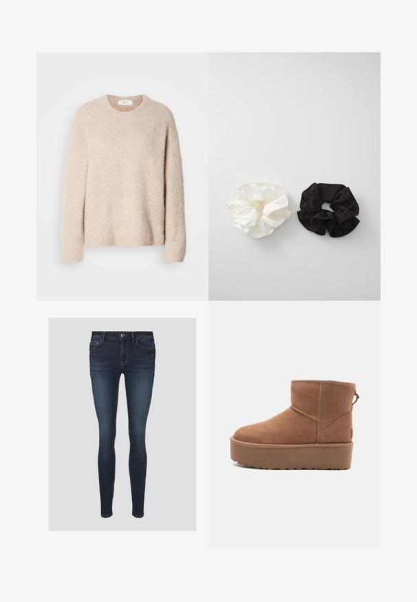 Pulover tricotat bej cu guler rotund, mâneci lungi și tiv elastic. Material moale, texturat, cu o croială lejeră.; Jeans skinny din denim albastru închis, cu cusături portocalii, închidere cu nasture și buzunare frontale. Textură netedă cu o formă ajustată.; Botine din suede de culoare bej, cu talpă platformă, vârf rotund și detalii de cusătură; dispune de un mânere la spate pentru a fi ușor de încălțat.; Două elastice din satin, unul alb și unul negru, cu un design volan și textură netedă, expuse pe un fundal alb simplu.