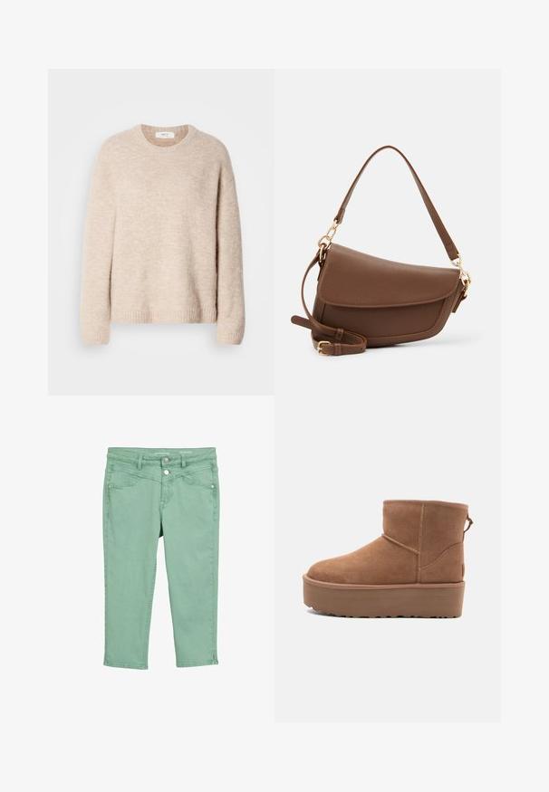 Beige kötött pulóver kerek nyakkivágással, hosszú ujjakkal és bordázott szegéllyel. Puha, textúrált anyagból készült, laza fazon.; Világoszöld, pamutból készült, sima textúrájú cropped nadrágok. Elől zsebekkel, gombos és cipzáras záródással, valamint szegély részletekkel rendelkezik.; Barna suede bokacsizma platform talppal, lekerekített orral és varrás részletekkel; a hátsó részen húzófül található a könnyű felhúzás érdekében.; Barna bőr válltáska texturált felülettel, ívelt formával, aranyszínű fémrészekkel, állítható pánttal és fedélzárral.