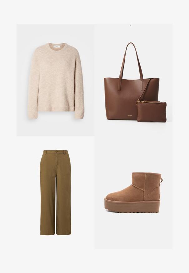 Béžový pletený svetr s kulatým výstřihem, dlouhými rukávy a žebrovaným lemem. Měkká, texturovaná tkanina s volným střihem.; Hnědé kalhoty s širokými nohavicemi vyrobené z texturované bavlněné směsi, s předním zapínáním na knoflík a standardním desingem pasu.; Hnědé semišové kotníkové boty s platformou, zaoblenou špičkou a prošíváním; mají poutko vzadu pro snadné obouvání.; Hnědá taška z umělé kůže s dvěma dlouhými uchy a odpovídajícím malým pouzdrem. Povrch má texturovaný vzor a zlaté kovové prvky.