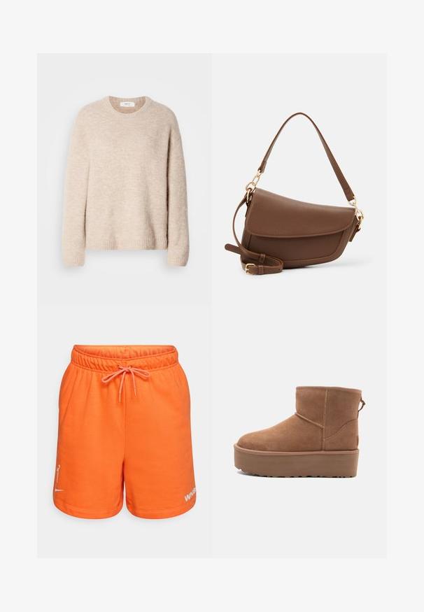Beige kötött pulóver kerek nyakkivágással, hosszú ujjakkal és bordázott szegéllyel. Puha, textúrált anyagból készült, laza fazon.; Narancssárga pamut rövidnadrág, elasztikus derékpánttal és húzózsinórral. A bal szárán fehér logóval rendelkezik. Simább textúra és laza dizájn jellemzi.; Barna suede bokacsizma platform talppal, lekerekített orral és varrás részletekkel; a hátsó részen húzófül található a könnyű felhúzás érdekében.; Barna bőr válltáska texturált felülettel, ívelt formával, aranyszínű fémrészekkel, állítható pánttal és fedélzárral.