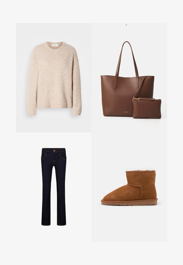 Béžový pletený sveter s okrúhlym výstrihom, dlhými rukávmi a rebrovaným lemom. Mäkká, štruktúrovaná tkanina s uvoľneným strihom.; Tmavomodré rifľové nohavice so strihom na rovno, s žltým prešívaním, dizajnom na päť vreciek a kovovým zapínaním na páse.; Hnedé semišové členkové topánky s okrúhlou špičkou a mäkkou podšívkou, vybavené plochou gumovou podrážkou a minimálnymi švovými detailami.; Hnedá taška z umelej kože s dvoma dlhými uchami a zodpovedajúcou malou taštičkou. Povrch má textúrovaný vzor a akcenty zlatého kovania.