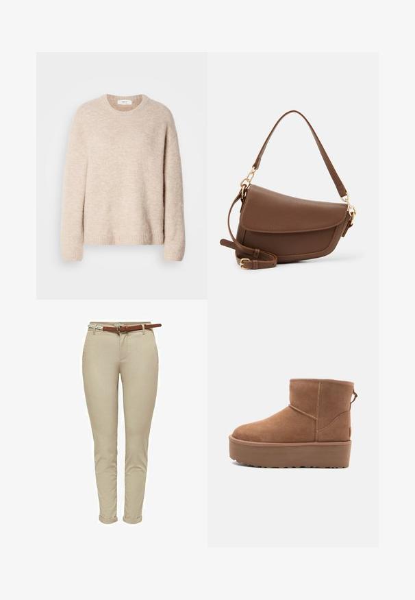 Beige gebreide trui met een ronde halslijn, lange mouwen en geribde zoom. Zacht, textuurstof met een relaxed fit.; Beige slim-fit broek van katoen met een gladde textuur, voorzien van een bruine leren riem en opgerolde mouwen voor extra detail.; Tan suède enkellaars met een platformzool, ronde neus en stiksels; heeft een trekband aan de achterkant voor gemakkelijke instap.; Bruine leren schoudertas met een gestructureerde afwerking, gebogen vorm, hardware in goudkleur, verstelbare schouderband en klepafsluiting.