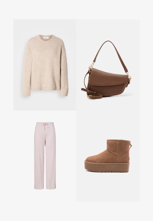 Vaaleanbeige neulepaita, jossa on pyöreä pääntie, pitkät hihat ja ribbireuna. Pehmeä, teksturoitu kangas, rento malli.; Vaaleanpunaiset leveälahkeiset housut, jotka on valmistettu teksturoidusta kankaasta ja joissa on joustava vyötärö nauhalla. Vaarallisen urheilullinen kuvio koko matkalla.; Tan suede nilonini kidogo chukua na sahani ya jukwaa, mguu wenye umbo la duara, na mapambo ya kushona; inajumuisha kipande cha kubana nyuma kwa kuvaa kwa urahisi.; Ruskea nahkainen olkalaukku, jossa on teksturoitu pinta, kaareva muoto, kultasävyinen metalliosat, säädettävä hihna ja läppäkiinnitys.