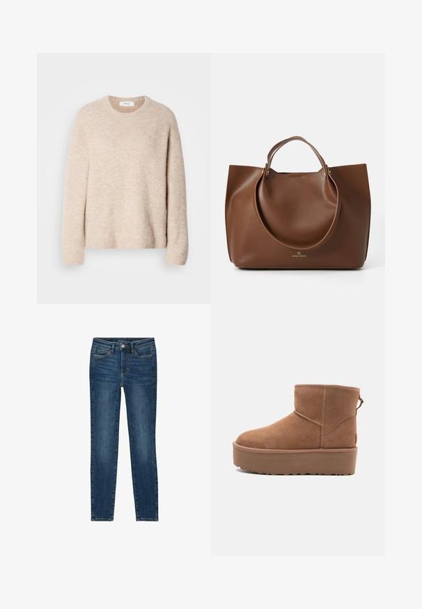 Béžový pletený svetr s kulatým výstřihem, dlouhými rukávy a žebrovaným lemem. Měkká, texturovaná tkanina s volným střihem.; Úzké džíny vyrobené z tmavě modrého denim, s klasickým designem pěti kapes, rovnými švy a uzavíráním na knoflík a zip.; Hnědé semišové kotníkové boty s platformou, zaoblenou špičkou a prošíváním; mají poutko vzadu pro snadné obouvání.; Hnědá kožená taška přes rameno s hladkým povrchem, velkými kulatými rukojeťmi, minimalistickým designem a logem embosovaným na dně.
