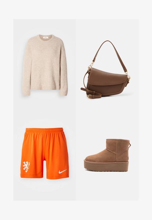 Beige strikket genser med rund hals, lange ermer og ribbestrikket kant. Mykt, teksturert stoff med en avslappet passform.; Oransje idrettsshorts med elastisk liv, med en hvit løve-logo på venstre bein og en hvit Nike swoosh på høyre.; Lys brun semsket ankelstøvel med platåsåle, rund tå og sømdetaljer; har en pull-tab bak for enkel påkledning.; Brun skinnskulderveske med teksturfinish, buet form, gulltone-detaljer, justerbar stropp og klaffelukking.
