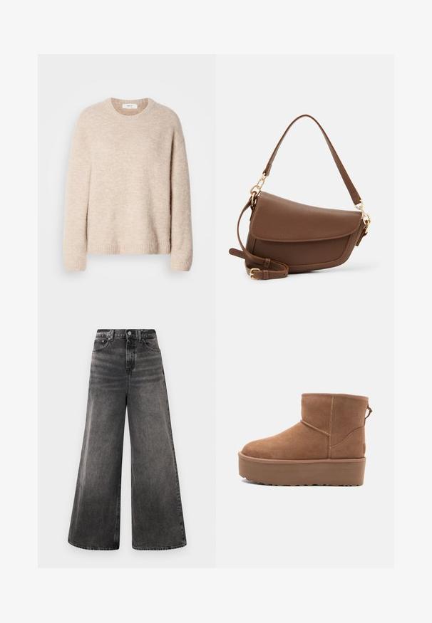 Beige kötött pulóver kerek nyakkivágással, hosszú ujjakkal és bordázott szegéllyel. Puha, textúrált anyagból készült, laza fazon.; Széles lábú fekete farmernadrág, megfakult mosással, öt zsebes dizájnnal és gombos záródással a derékrészen, varrott részletekkel.; Barna suede bokacsizma platform talppal, lekerekített orral és varrás részletekkel; a hátsó részen húzófül található a könnyű felhúzás érdekében.; Barna bőr válltáska texturált felülettel, ívelt formával, aranyszínű fémrészekkel, állítható pánttal és fedélzárral.