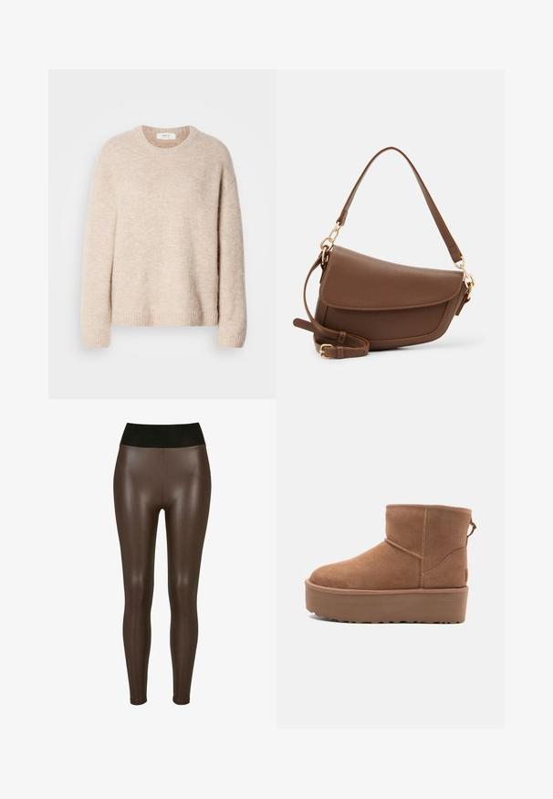Béžový pletený svetr s kulatým výstřihem, dlouhými rukávy a žebrovaným lemem. Měkká, texturovaná tkanina s volným střihem.; Hnědé legíny z umělé kůže s vysokým černým pasem, s hladkým, lesklým povrchem a přiléhavým designem ke kotníkům.; Hnědé semišové kotníkové boty s platformou, zaoblenou špičkou a prošíváním; mají poutko vzadu pro snadné obouvání.; Hnědá kožená taška přes rameno s texturovaným povrchem, zakřiveným tvarem, zlatými kovovými prvky, nastavitelným popruhem a klopovým zapínáním.