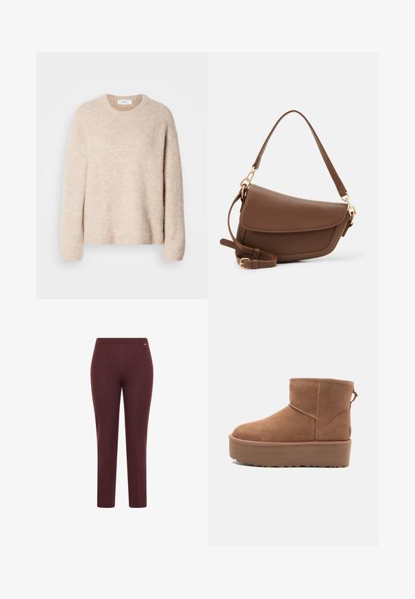 Maglione lavorato a maglia beige con scollatura a girocollo, maniche lunghe e orlo a coste. Tessuto morbido e testurizzato con una vestibilità comoda.; Pantaloni elasticizzati color borgogna con una texture liscia, un design aderente e un semplice elastico in vita; presenta un dettaglio del logo minimalista.; Stivale alla caviglia in suede beige con suola platform, punta rotonda e dettagli di cucitura; presenta un inserto sul retro per una facile calzata.; Borsa a spalla in pelle marrone con finitura testurizzata, forma curva, hardware dorato, tracolla regolabile e chiusura a patta.