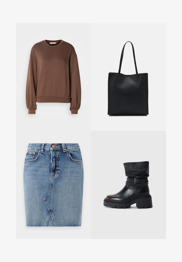 Brun genser i mykt materiale, med rund hals, lange ballongsleeves og ribbestrikket kant. Jevn tekstur med minimal detaljer.; Denimskjørt i middels blå, med en tettsittende design, frontlommer og diagonale sømdetaljer. Standard linning med metallknapplås.; Svart lær ankelstøvel med en slapp overdel, spenne detaljer og tykk, robust såle. Har en rund tå og glatt tekstur.; Svart lær tote bag med glatt tekstur, rektangulær form og to lange håndtak. Ingen synlige deler eller dekorasjoner.