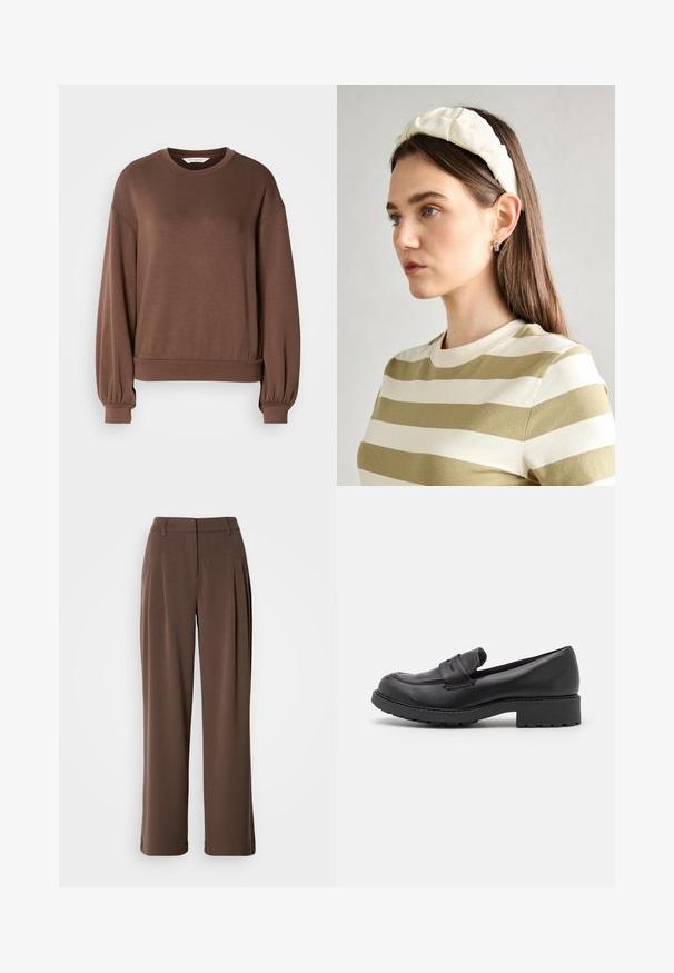 Pruun pulloveri särk pehmest materjalist, millel on ümmargune kaelus, pikad balloonivarsed ja soonikserv. Sile tekstuur minimaalse detailiga.; Pruunid laiad püksid, mis on valmistatud siledast kangast, sirge esiosa ja voltidega, küljetaskud annavad neile lisadetaili.; Mustad mustad nahast sussid, millel on ümar varvas, kaks dekoratiivset rihma üle pealise ja paks kummist tall, millel on mustrid.; Kreemjas pehmendusega peapael, millel on keerutatud disain, koos beeži ja valge triibulise särgiga, millel on ümar kaelus. Diskreetne ehtedisain.