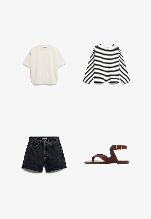 Black and white striped long-sleeve t-shirt with a round neckline, made from a soft cotton blend, featuring even-width horizontal stripes.; ARMEDANGELS BAMIKAA - Print T-shirt - undyed; Black denim shorts with a high waist, rolled hems, and five-pocket design. Features a button front and contrast stitching.; Brown suede sandal featuring a slip-on design, ankle strap with buckle, and flat sole. Open toe with a smooth texture.