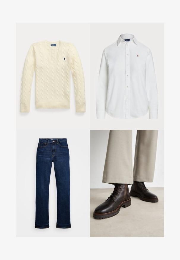Kremowy sweter w splot warkoczowy z dekoltem w szpic, z długimi rękawami i niebieskim haftowanym logo Polo Ralph Lauren na piersi.; Biała koszula z długim rękawem wykonana z bawełny, z klasycznym kołnierzykiem i małym haftowanym logo na piersi. Teksturowana tkanina.; Ciemnoniebieskie dżinsy typu straight leg, z pięcioma kieszeniami, miedzianymi szwami i klasycznym zapięciem na guzik.; Ciemnobrązowe skórzane buty z teksturowanym wykończeniem, z sznurowanym zapięciem, okrągłym noskiem i wytrzymałymi gumowymi podeszwami. Uzupełnione kontrastowym przeszyciem.