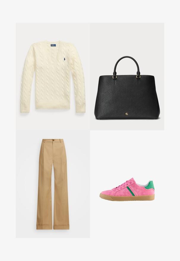 Kreemivärvi nöörkudumisega V-kaelusega kampsun pikkade varrukatega ja sinine Polo Ralph Laureni logo broderi rinnal.; Bežid laiad püksid nupuga sulgemisega, sileda tekstuuriga ja pressitud kortsudega. Hõlmade äärtega lisadetail.; Roosa nahast toss, millel on roheline konts ja triibud. Omab ümarat ninaosa, nööbilukuga esiosa ja kummist tallat. Küljel on perforatsioonid.; Must musta kott mustast nahast, millel on struktureeritud disain, sile tekstuur ja kaks ülemist sangat. Sisaldab kuldseid aktsente ja logo alumises osas.