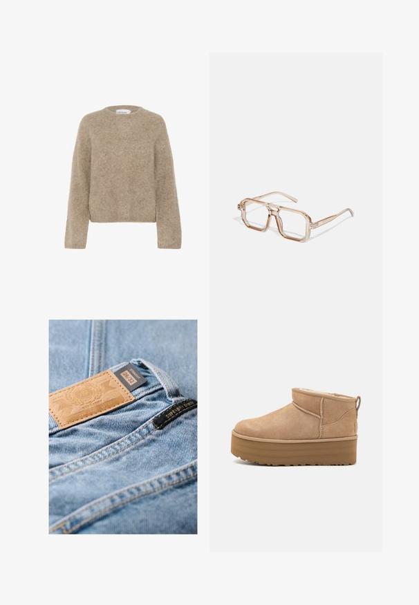 Suéter marrón y difuso hecho de material suave, con un escote redondo y mangas largas. Diseño simple, acortado, sin patrones ni acentos visibles.; Vaqueros de mezclilla azul claro con un parche de cuero marrón claro que dice "SUPERDRY" y la talla "26/32". Tienen un corte recto y detalles de costura visibles.; Botas de tobillo de ante beige con un interior suave, que cuentan con una suela tipo plataforma y una lengüeta en la parte posterior para ponérselas fácilmente. Suela de goma texturizada.; Gafas hexagonales transparentes con tonos marrón claro; montura gruesa y clara con varillas delgadas; sin logotipos ni patrones visibles.