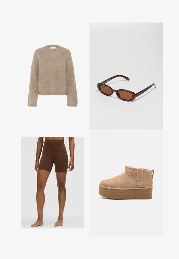 Brūns, pūkains džemperis, izgatavots no mīksta materiāla, ar apaļu izgriezumu un garām piedurknēm. Vienkāršs, apgriezts dizains bez redzamām rakstām vai akcentiem.; Brūni augsta jostasvieta šorti, izgatavoti no gludas, elastīgas auduma, ar elegantu dizainu un pieguļošu formu, kas sniedzas līdz vidus augšstilbām.; Bežīgas zamšādas potītes ar mīkstu iekšpusi, kas aprīkotas ar platformas zoli un aizmugurē esošu cilpu vieglai uzvilkšanai. Strukturēta gumijas zole.; Apaļas, brūnīgi nokrāsotas saulesbrilles ar spīdīgu bordo rāmīti. Šauri kāti ar diskrētu zīmola detaļu. Plakana objektīva dizains.