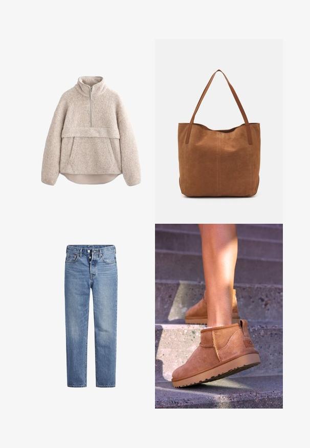 Beige, gestructureerde fleece pullover met een hoge kraag, rits tot halverwege en een vo zak. Heeft brede mouwen en een gebogen zoom.; Lichtblauwe spijkerbroek met een rechte snit, vijf zakken en een knoopsluiting. Heeft subtiele vervaging en oranje stikselaccenten.; Tamme suède enkelboots met een zachte textuur, gestikte details en een rubberen zool, met een lusvormige hak voor gemakkelijk aan- en uittrekken.; Bruine suède shoppers met twee lange handvatten, met een gladde textuur, eenvoudig ontwerp en zonder zichtbare hardware of accenten.