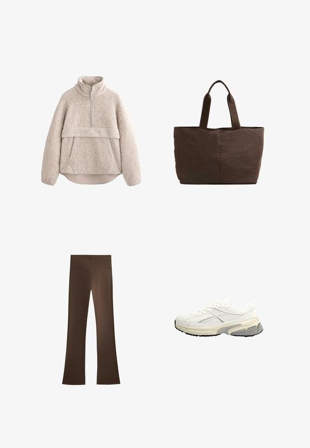 Beige, textured fleece pullover with a high collar, half-length zipper, and front pocket. Features wide sleeves and a curved hem.; Brown flared pants with a high waistband featuring a crisscross design. Made from a smooth, stretchy material for comfort and fit.; White athletic shoes featuring mesh material, textured finish, and rubber sole with grey accents. Lace-up design. Modern silhouette.; Brown fabric tote bag with two sturdy handles, rectangular shape, minimal stitching details, and a smooth texture.