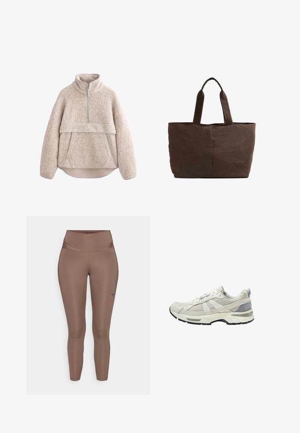 Béžový fleecový pulovr s texturou, vysokým límcem, zipem do poloviny délky a přední kapsou. Vybaven širokými rukávy a zaobleným lemem.; Hnědé sportovní legíny vyrobené z hladkého, pružného materiálu s vysokým pasem. Obsahují malé černé logo na dolní části levé nohy.; Béžová sportovní obuv s texturovaným síťovým svrškem a hladkými doplňky. Má polstrovanou podrážku, zesílenou špičku a černou gumovou podrážku.; Hnědá látková taška s dvěma pevným uchy, obdélníkový tvar, minimální detaily šití a hladká textura.