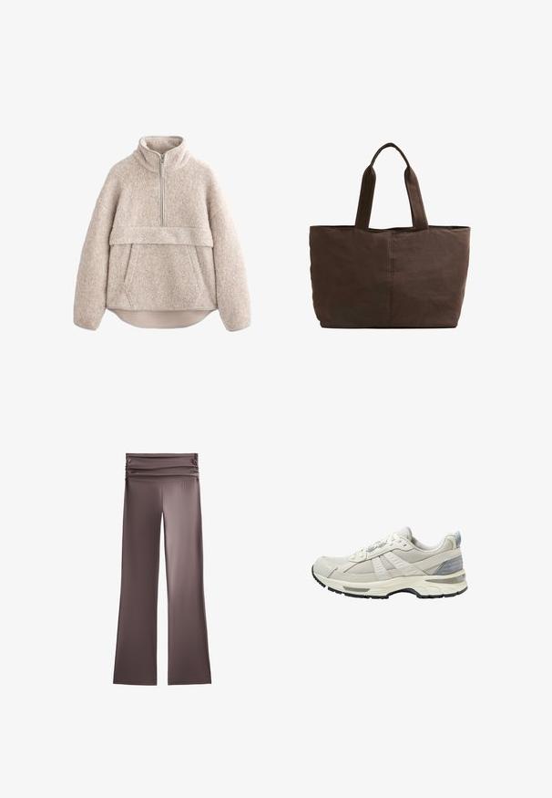 Pulover din blană texturată bej, cu guler înalt, fermoar până la jumătate și buzunar frontal. Dispune de mâneci largi și poală curbată.; Pantaloni din material gros, de culoare brown, cu o talie lată și strânsă. Design cu pachet flared; textură netedă, fără modele sau detalii hardware vizibile.; Pantof sportiv bej cu partea superioară din plasă texturată și accente netede. Dispune de o talpă amortizată, vârf întărit și talpă exterioară din cauciuc negru.; Geantă din țesătură maro, cu două mânere rezistente, formă rectangulară, detalii de coasere minime și textură netedă.