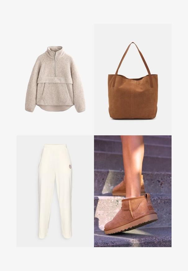 Béžový pulóver z texturovaného fleece s vysokým golierom, polovičným zipsom a predným vreckom. Obsahuje široké rukávy a zakrivený lem.; Krémové teplákové nohavice s elastickým pásom, zúženými nohavicami a malým kruhovým logom na ľavom stehne. Hladký povrch.; Hnedé semišové členkové topánky so svetlou textúrou, prešívanými detailmi a gumovou podrážkou, s pútkom na päte pre jednoduché obúvanie.; Hnedá semišová taška s dvoma dlhými rukoväťami, s hladkou textúrou, jednoduchým dizajnom a bez viditeľného hardvéru alebo akcentov.