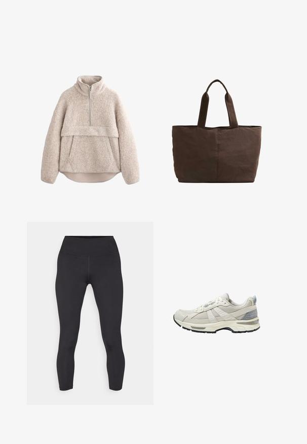 Beige, texturerad fleecepullover med hög krage, halvängd dragkedja och framficka. Har breda ärmar och en rundad nederkant.; Svarta leggings med hög midja, tillverkade av mjukt, stretchigt material. Har platta sömmar och en figurnära design.; Beige sportskor med texturerad mesh-överdel och släta detaljer. Har en vadderad sula, förstärkt tå och svart gummiyttersula.; Brun tygväska med två kraftiga handtag, rektangulär form, minimala sömnadsdetaljer och en slät yta.