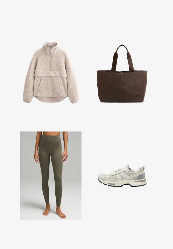 Beige, struktureret fleece-pullover med høj krave, lynlås i halv længde og frontlomme. Har brede ærmer og en buet kant.; Højtaljede leggings i olivengrøn, lavet af glat, strækbart stof. Har et tætsiddende design med en diskret søm langs taljen.; Beige atletiksko med tekstureret mesh-overdel og glatte detaljer. Har en polstret sål, forstærket tå og sort gummiydersål.; Brun stof totebag med to robuste håndtag, rektangulær form, minimale syninger og en glat tekstur.