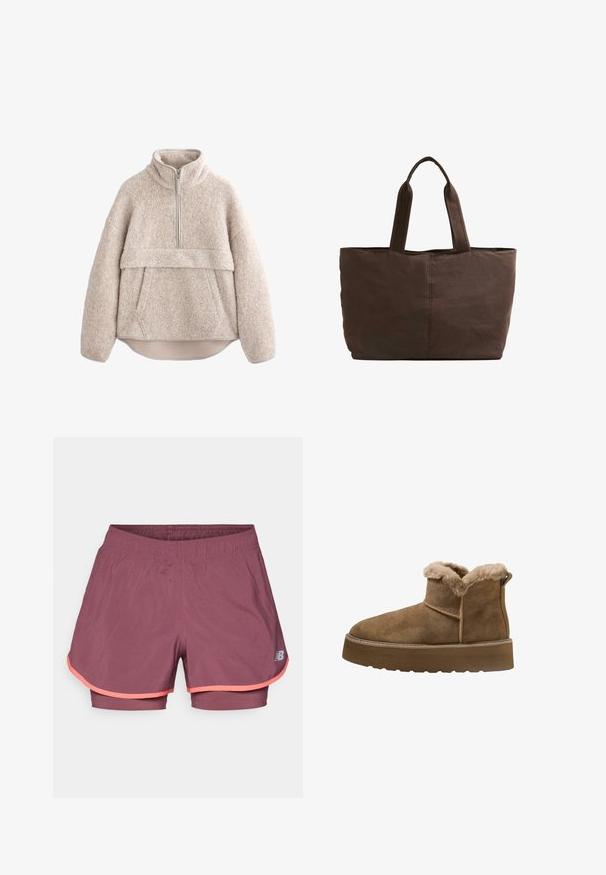 Beige, gestructureerde fleece pullover met een hoge kraag, rits tot halverwege en een vo zak. Heeft brede mouwen en een gebogen zoom.; Lichte, bordeauxrode sportshorts met een binnenvoering. Voorzien van een contrasterende roze rand en een elastische tailleband voor extra comfort.; Bruine suède enkellaarzen met een nepbontvoering, ronde neus en een dikke plateauzool; heeft een gestikte naad en een trekband aan de achterkant.; Bruine stoffen tote bag met twee stevige handvatten, rechthoekige vorm, minimale stikdetails en een gladde textuur.