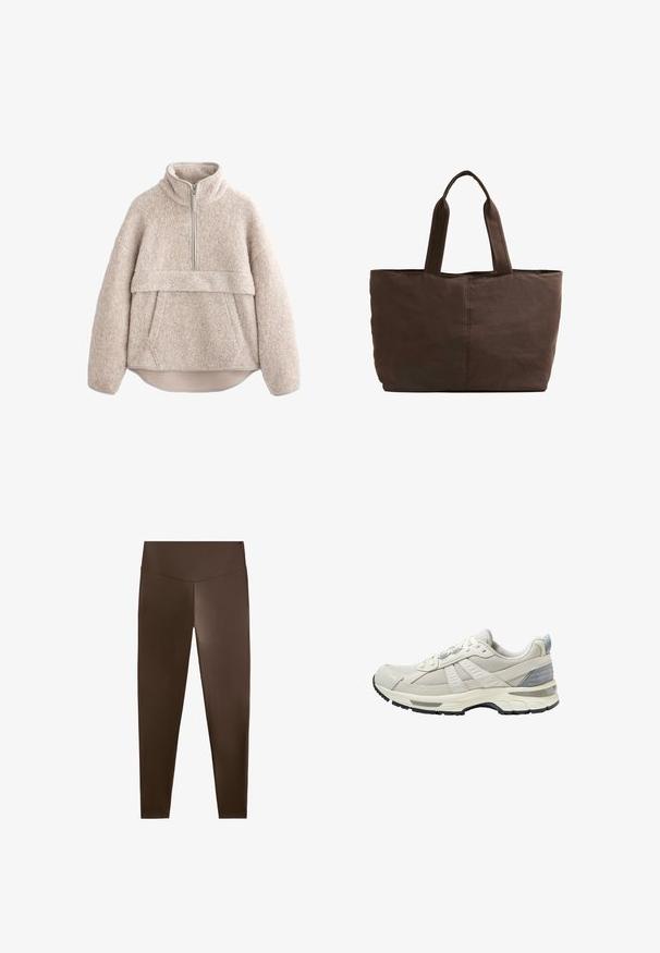 Bežan, teksturiran flis pulover z visokim ovratnikom, polovičnim zadrgo in sprednjim žepom. Ima široke rokave in ukrivljen rob.; Rjave legice iz raztegljivega materiala, z visokim pasom in gladko, enakomerno teksturo po celotni površini. Brez vzorcev ali dodatkov.; Bež atletski čevelj z zgornjim delom iz teksturirane mrežice in gladkimi poudarki. Ima oblazinjen podplat, ojačan prstni del in črni gumijasti podplat.; Rjava platnena torba z dvema trdnima ročajema, pravokotne oblike, minimalni šivi in gladka tekstura.