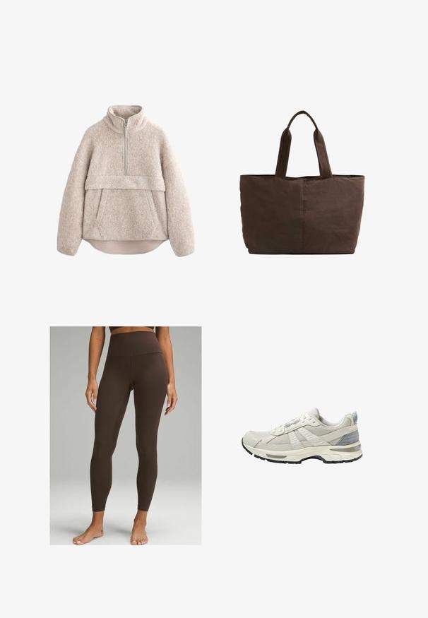 Beige, textured fleece pullover with a high collar, half-length zipper, and front pocket. Features wide sleeves and a curved hem.; lululemon ALIGN™ HIGH-RISE 71CM - Leggings - espresso; Beige athletic shoe with textured mesh upper and smooth accents. Features a cushioned sole, reinforced toe, and black rubber outsole.; Brown fabric tote bag with two sturdy handles, rectangular shape, minimal stitching details, and a smooth texture.