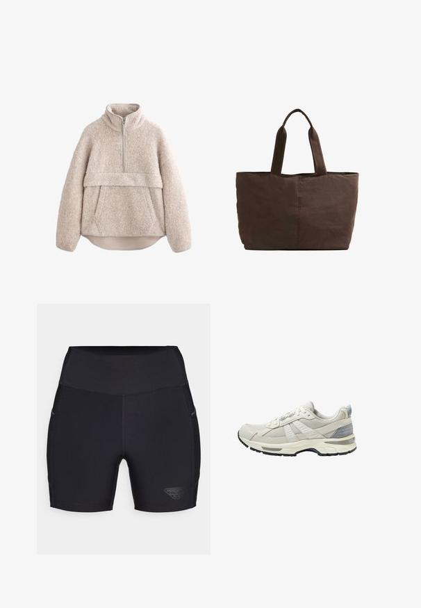 Bežani, teksturirani flis pulover s visokim ovratnikom, polu-dužim patentnim zatvaračem i prednjim džepom. Sadrži široke rukave i zakrivljeni rub.; Crne atletske šortse sa visokim strukom, izrađene od rastezljivog materijala. Značajke uključuju logo sa strane i diskretne bočne džepove.; Bež sportska cipela s teksturiranim mrežastim gornjim dijelom i glatkim detaljima. Imaj jastučićastu potplatu, ojačani vrh i crni gumeni potplat.; Smeđa platnena torba s dvije čvrste ručke, pravokutnog oblika, minimalnim detaljima šivanja i glatkom teksturom.