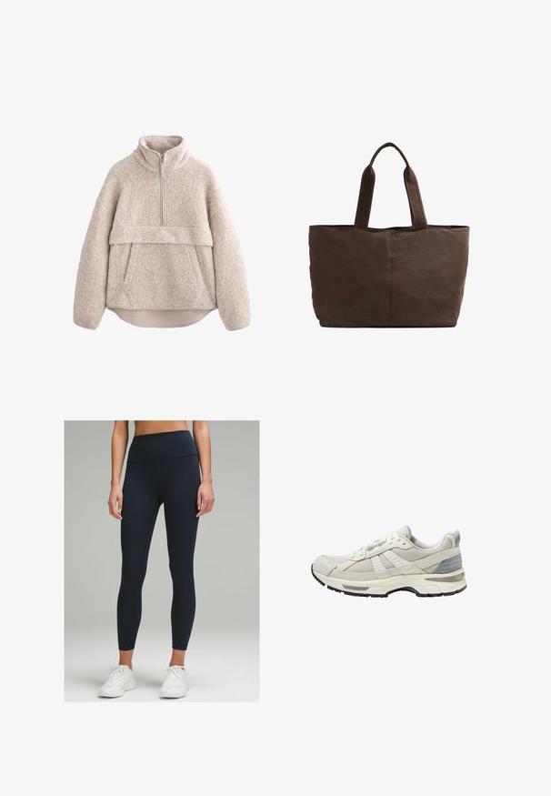 Beige, struktureret fleece-pullover med høj krave, lynlås i halv længde og frontlomme. Har brede ærmer og en buet kant.; Højtaljede, tætsiddende leggings i mørkeblå, lavet af strækbart stof. Har en glat tekstur og ingen synlige mønstre eller detaljer.; Beige atletiksko med tekstureret mesh-overdel og glatte detaljer. Har en polstret sål, forstærket tå og sort gummiydersål.; Brun stof totebag med to robuste håndtag, rektangulær form, minimale syninger og en glat tekstur.