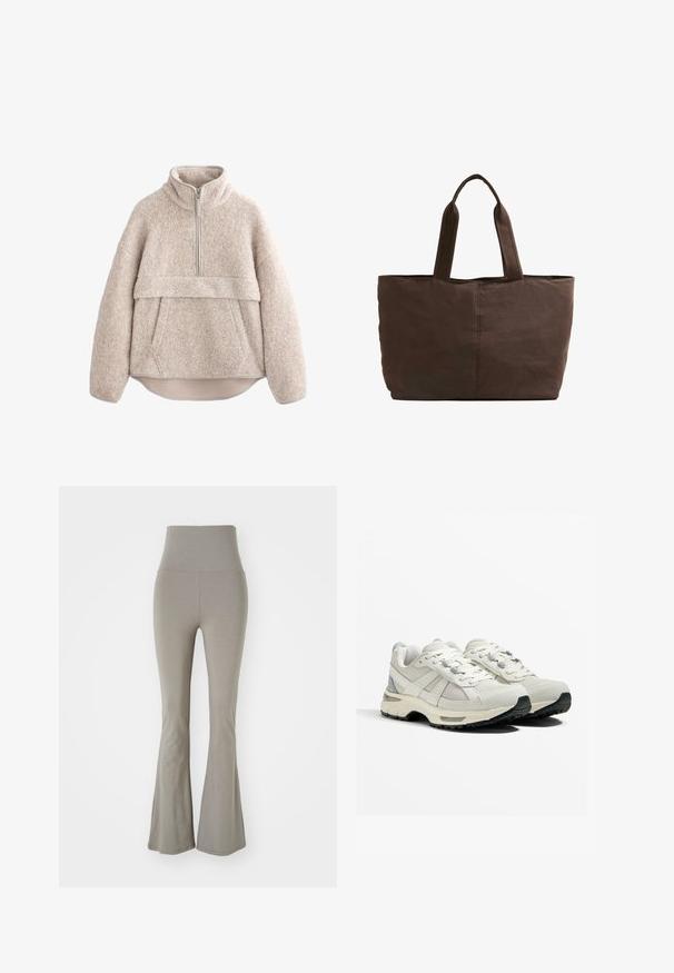 Bežan, teksturiran flis pulover z visokim ovratnikom, polovičnim zadrgo in sprednjim žepom. Ima široke rokave in ukrivljen rob.; Visok Pas, razširjene legice iz svetlo sive tkanine. Imajo gladko teksturo in elastično, prilegajočo se zasnovo. Ni vidne kovinske opreme.; Lahki tekaški čevlji v bež in sivi barvi. Mrežna zgornji del, gumijast podplat, vezalke z ojačenimi luknjami za vezalke in teksturiran naglas na peti.; Rjava platnena torba z dvema trdnima ročajema, pravokotne oblike, minimalni šivi in gladka tekstura.