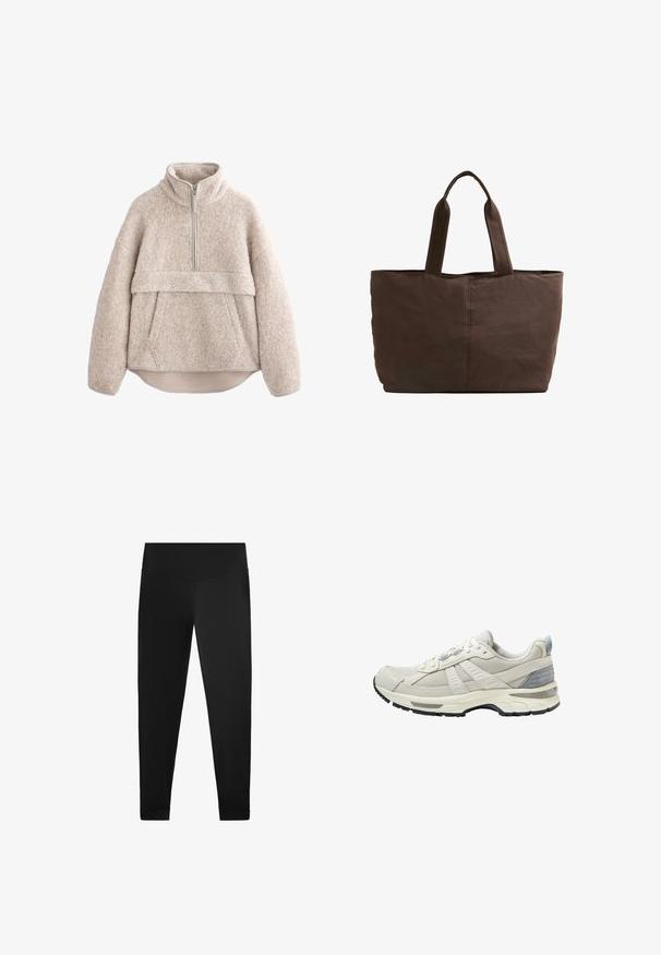 Beżowy, teksturowany polarowy sweter z wysokim kołnierzem, półdługim zamkiem błyskawicznym i kieszenią z przodu. Posiada szerokie rękawy i zaokrąglony dół.; Czarne legginsy z gładkiego, elastycznego materiału. Wysoki stan z detalami przy kostkach i bez widocznych wzorów ani elementów metalowych.; Beżowy but sportowy z teksturowaną siateczkową cholewką i gładkimi akcentami. Posiada amortyzowaną podeszwę, wzmocniony nosek oraz czarną gumową podeszwę zewnętrzną.; Brązowa torba materiałowa z dwoma mocnymi uchwytami, prostokątny kształt, minimalne detale w szyciu i gładka tekstura.