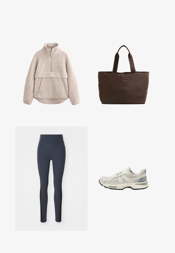 Beige, textúrált bolyhos pulóver magas gallérral, félig hosszú cipzárral és elülső zsebbel. Széles ujjak és ívelt alsó rész jellemzi.; Sötétkék, elasztikus anyagból készült leggings, fekete oldalsó panelek és magas derekú szabással. Simább textúrájú, testhezálló dizájn.; Bézs színű sportcipő texturált hálós felsőrésszel és sima kiegészítőkkel. Párnázott talppal, megerősített orr-résszel és fekete gumitalppal rendelkezik.; Barna textil bevásárlótáska, két strapabíró füllel, téglalap alakú, minimális varrási részletekkel és sima felülettel.