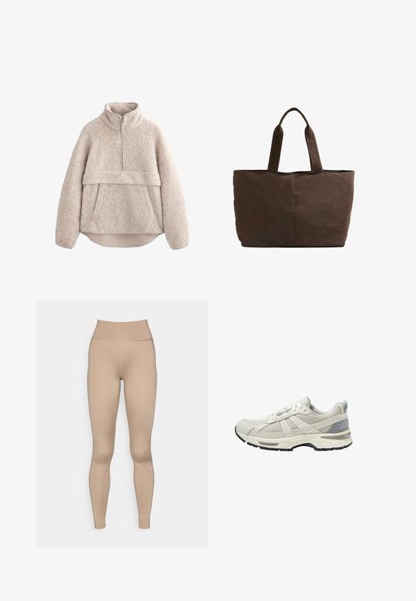 Pull de fleece beige texturé avec un col haut, une fermeture éclair mi-longue et une poche avant. Il possède des manches larges et un ourlet arrondi.; Leggings beige clair avec une taille haute, fabriqués à partir d'un matériau lisse et extensible, sans coutures ni motifs visibles.; Chaussure de sport beige avec tige en maille texturée et accents lisses. Comprend une semelle coussinée, un bout renforcé et une semelle extérieure en caoutchouc noir.; Sac tote en tissu marron avec deux poignées robustes, forme rectangulaire, détails de couture minimalistes et texture lisse.