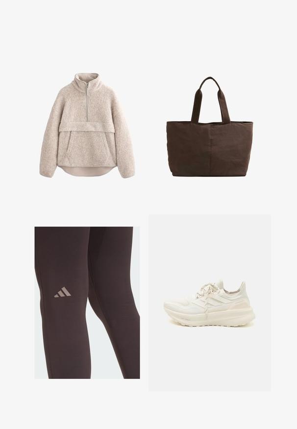 Beige, textured fleece pullover with a high collar, half-length zipper, and front pocket. Features wide sleeves and a curved hem.; Black athletic leggings with a smooth texture, featuring a subtle brown Adidas logo on the thigh and reinforced stitching details.; White athletic shoe featuring a textured upper, three-stripe design, light cushioning, and a split-color heel accent. Lightweight sole technology.; Brown fabric tote bag with two sturdy handles, rectangular shape, minimal stitching details, and a smooth texture.