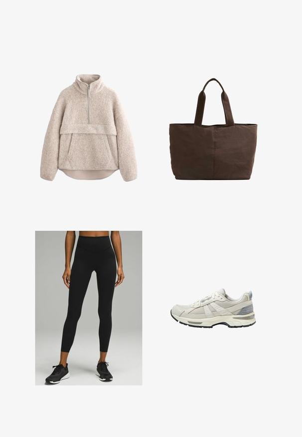 Beige, textured fleece pullover with a high collar, half-length zipper, and front pocket. Features wide sleeves and a curved hem.; Black high-waisted leggings with a smooth texture and fitted design, paired with black athletic shoes featuring a white sole.; Beige athletic shoe with textured mesh upper and smooth accents. Features a cushioned sole, reinforced toe, and black rubber outsole.; Brown fabric tote bag with two sturdy handles, rectangular shape, minimal stitching details, and a smooth texture.