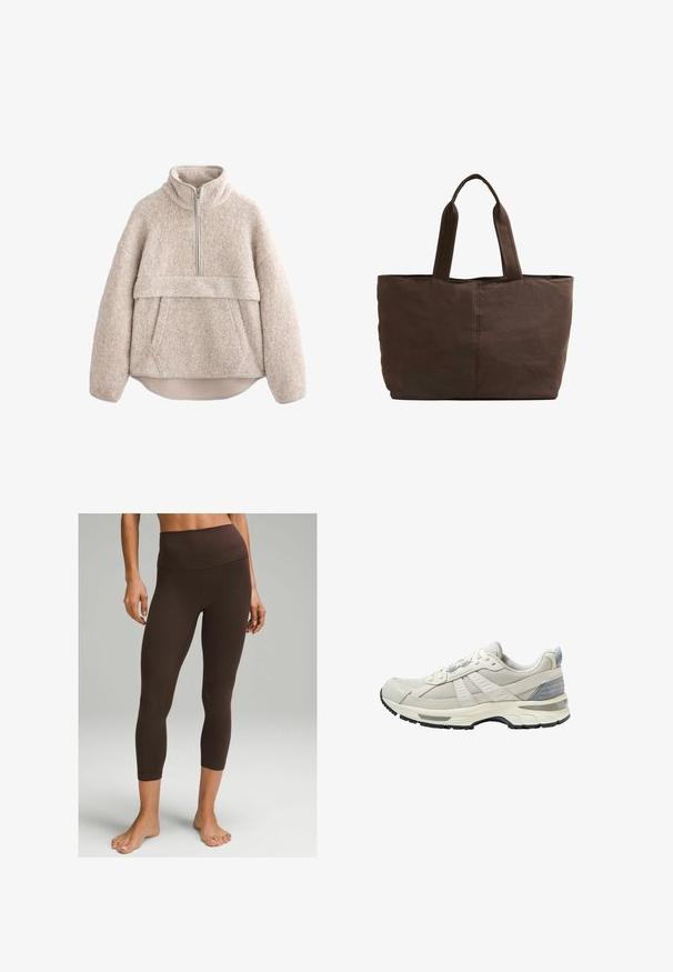 Beige, struktureret fleece-pullover med høj krave, lynlås i halv længde og frontlomme. Har brede ærmer og en buet kant.; lululemon Align™ High-Rise Crop 58" - Tights - espresso; Beige atletiksko med tekstureret mesh-overdel og glatte detaljer. Har en polstret sål, forstærket tå og sort gummiydersål.; Brun stof totebag med to robuste håndtag, rektangulær form, minimale syninger og en glat tekstur.